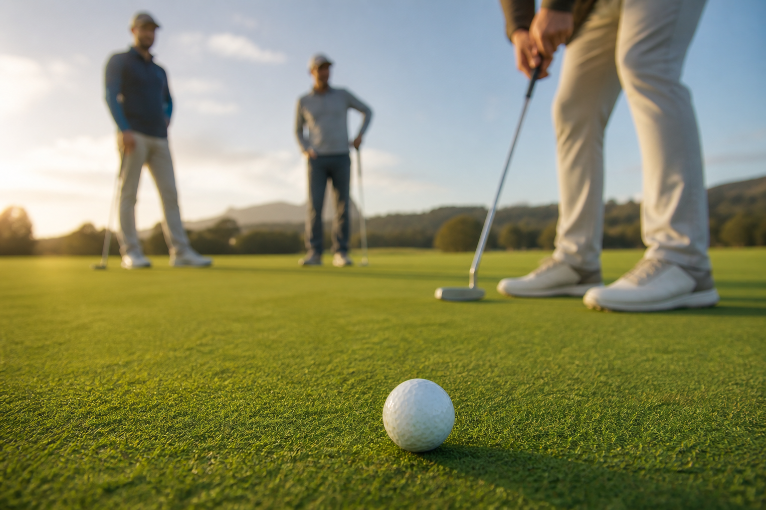 Cleaned used golf ball on a putting green with golfers nearby
